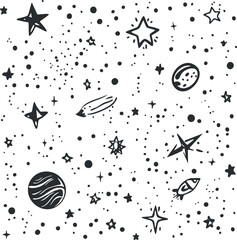Hand drawn black and white space pattern with stars, planets, comets, and celestial bodies