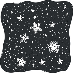 Black and white illustration of a starry night sky with scattered stars and dots