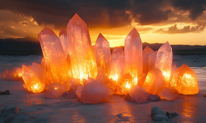 Towering orange crystals sparkle on a white surface under a moody sunset sky