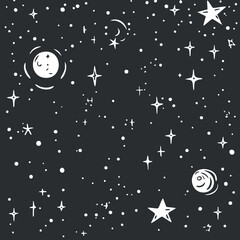 Hand-drawn black and white illustration of stars and moon in a starry night sky background