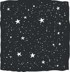 Hand-drawn black and white illustration of a starry night sky with scattered stars and dots