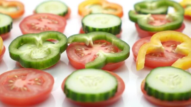 Creative Arrangement Of Fresh Cut Tomatoes, Peppers, And Cucumbers