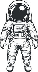 Black and white illustration of an astronaut in a detailed spacesuit standing facing forward with a reflective helmet.