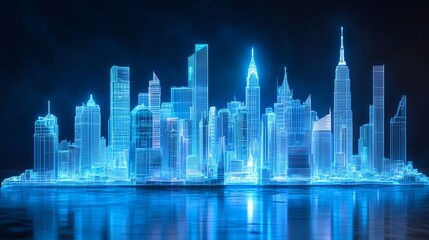 Futuristic Digital Cityscape Wireframe Model Neon Blue Glowing Skyscrapers Modern Architecture Urban Night Scene Digital Illustration Abstract Background Technology      