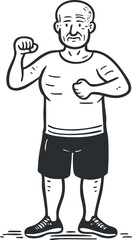Illustration of an older bald man in sportswear showing muscle strength and confidence on a white background