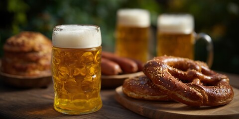 Lively oktoberfest beer garden scene with giant pretzels and refreshing beer
