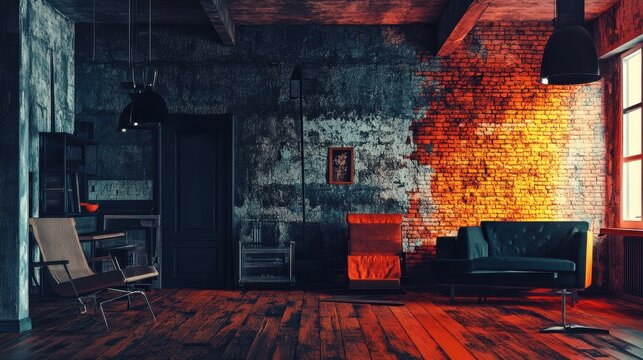 Interior design, loft space, with dramatic lighting.