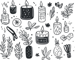 Hand-drawn black and white illustration of candles and botanical elements for relaxation and decor