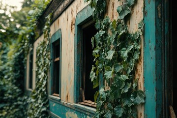 Overgrown rusty train carriage engulfed by vibrant green ivy, showcasing nature's reclaiming power.