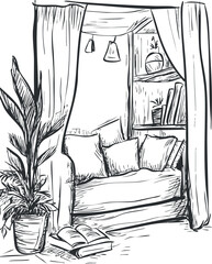 Black and white sketch of a cozy reading nook with couch, pillows, curtains, bookshelf, and plants for home interior design and relaxation.