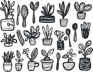 Hand-drawn black and white illustration of various potted plants and leaves with simple outlines