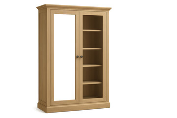 Wooden display cabinet with glass doors on transparent background