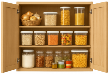 Wooden kitchen pantry cupboard storing various food transparent background