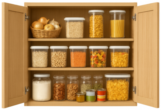 Wooden kitchen pantry cupboard storing various food transparent background