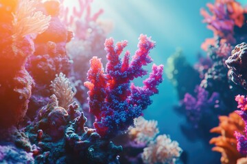 Naklejka premium Vibrant coral reef teeming with life, showcasing diverse colors and textures under sunlit water.