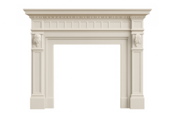 Elegant white fireplace mantelpiece with transparent background for interior design