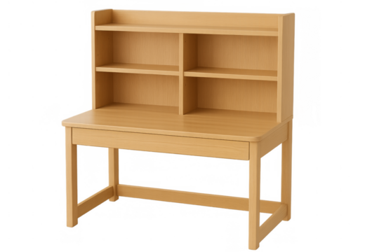 Modern wooden study desk with shelves on transparent background