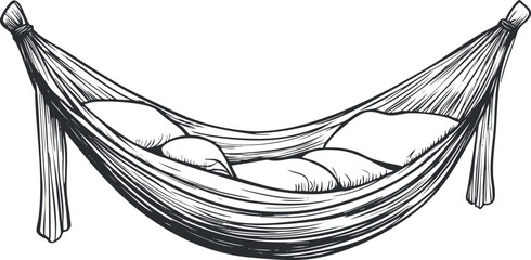 Hand-drawn sketch of a hammock with pillows for outdoor relaxation and resting comfort