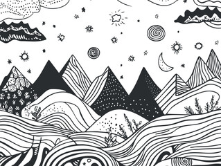 Abstract black and white line art drawing of mountains, hills, stars, moon, and clouds with wavy patterns and decorative elements