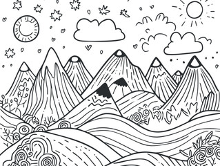 Black and white line art illustration of a mountain landscape with sun, clouds, hills, and foliage in a natural outdoor setting.