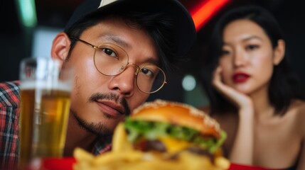 Casual dining experience with burger and beer enjoyment