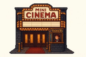 Retro mini cinema with neon lights and ticket booth in pixel art style