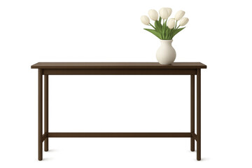 Wooden table with white tulips in vase on transparent background