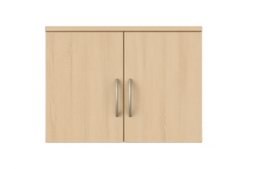 Closed wooden hanging kitchen cabinet with metal handles on transparent background