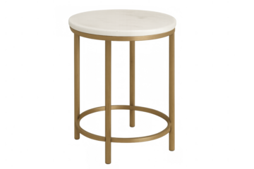 Modern round coffee table with gold metal legs and white marble top on transparent background