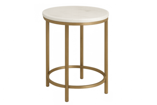 Modern round coffee table with gold metal legs and white marble top on transparent background