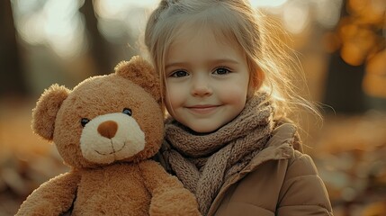 Little Girl with Teddy Bear, Sweet Moment of Childhood in Cozy Autumn Park Setting.