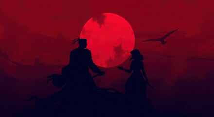 Romantic silhouette couple against red moon background love story illustration art