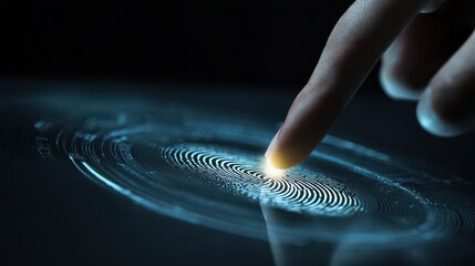 Abstract representation of a human finger touching a glowing fingerprint pattern on a digital surface, symbolizing technology and security concepts