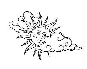 Smiling sun with a face surrounded by decorative clouds. Hand-drawn vintage line art style. Ideal for tattoo designs, mystical-themed prints, posters, coloring books, and celestial illustrations.