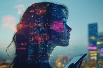 Double exposure of graph chart and network connection on businessman using tablet analyzing sales data and economic growth on citiy background