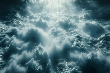 Turbulent sea with sunlight piercing through clouds, casting ethereal rays on the rough, foamy water surface