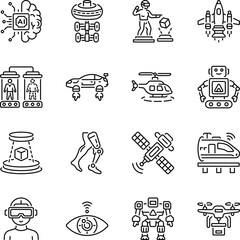 Collection of Linear Style Futuristic Art Icons 