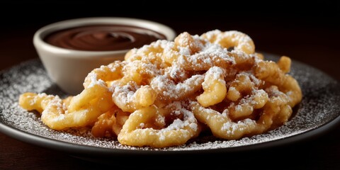 Freshly made american funnel cake with powdered sugar and chocolate sauce