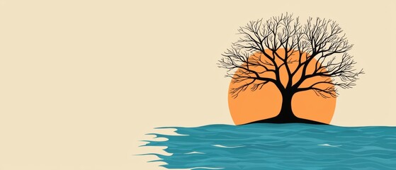 A lone tree with bare branches stands on a small island in a calm body of water, with a warm orange sunset in the background.