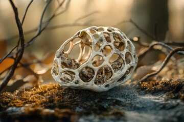 A delicate, lacy, dried fungus rests on mossy ground, bathed in soft sunlight.