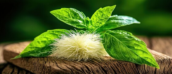 A close-up of a white flower with long, fuzzy petals and green leaves on a wooden surface.