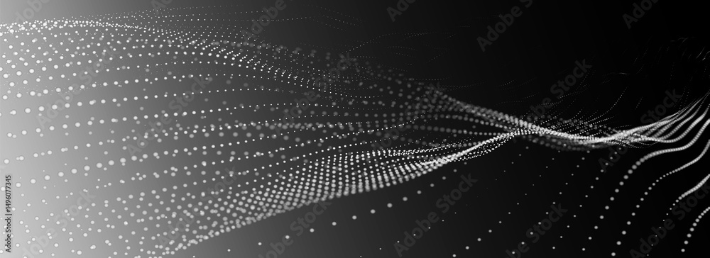 Poster futuristic dot wave. abstract digital particle wave. black and white music wave. dark background. di