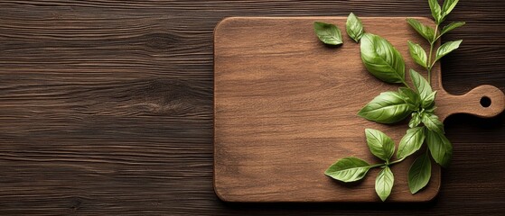 A wooden cutting board with fresh basil leaves on top.