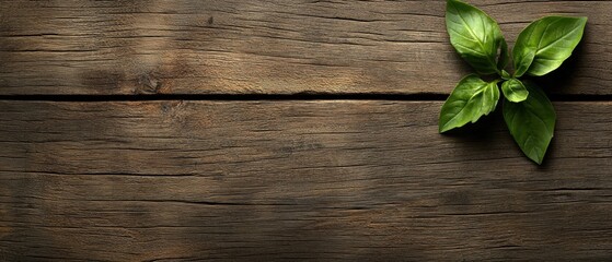 A plant with green leaves on a wooden surface.