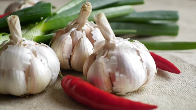 Arrangement Of Fresh Garlic Bulbs, Green Onion And Red Chili Peppers