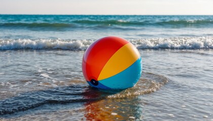 Obraz premium Colorful beach ball resting on wet sand by the ocean shore 