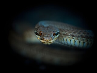 Fototapeta premium A captivating portrait of a snake, its gaze intense and focused, emerges from a dark backdrop, showcasing the reptile's scales and unique patterns.