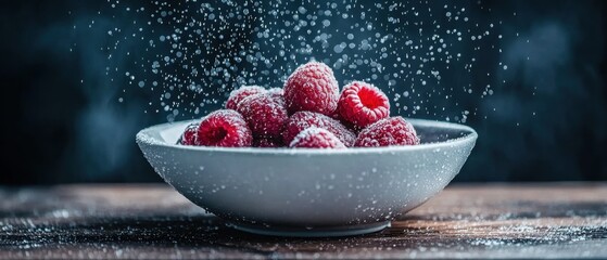 A white bowl filled with raspberries, dusted with powdered sugar, sits on a wooden table.