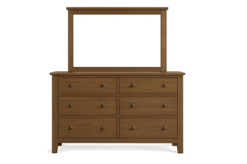 Wooden dressing table with mirror and six drawers on transparent background