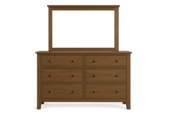 Wooden dressing table with mirror and six drawers on transparent background